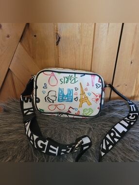 Karl Lagerfeld White Paris Graphic Crossbody Bag with Black Logo Strap